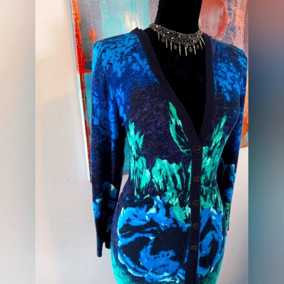 Nic + Zoe Cardigan Bold  Print Sweater Blue/ Green/ Purple Sz. L - Picture 6 of 12